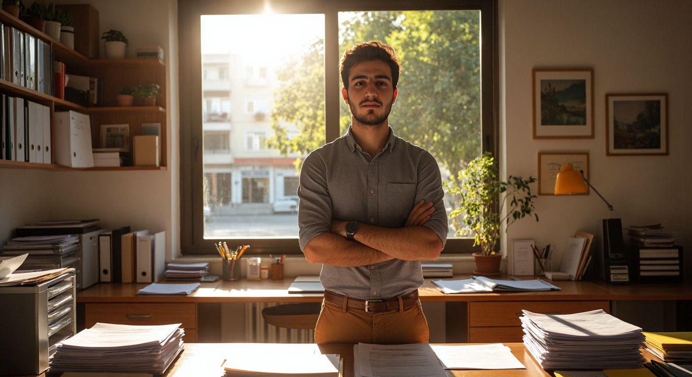 A young Turkish entrepreneur in a casual shirt stands confidently in a small office with paperwork on a wooden desk, sunlight streaming through the window, reflecting determination and curiosity.