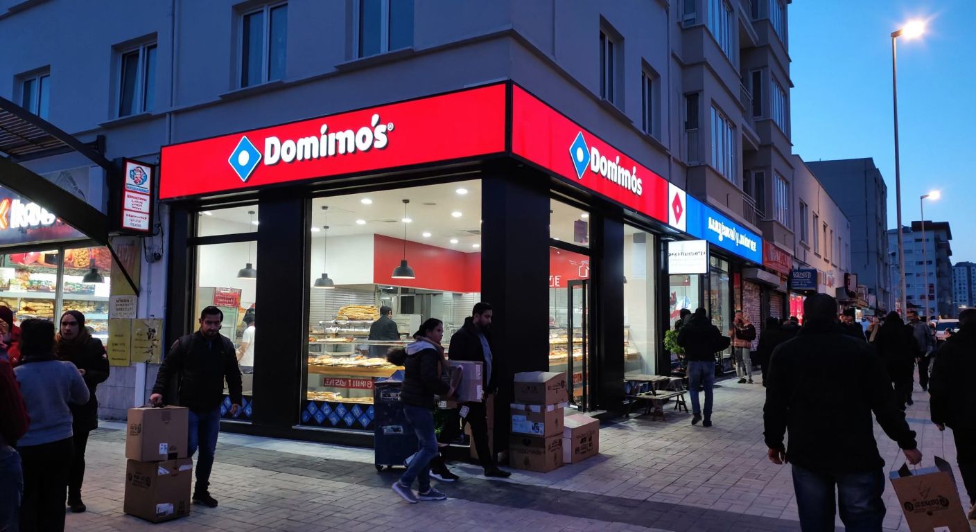 A bustling street in Esenyurt's Fatih Mahallesi with a bright Domino's Pizza storefront, surrounded by locals carrying takeaway boxes and the aroma of freshly baked pizza filling the air.