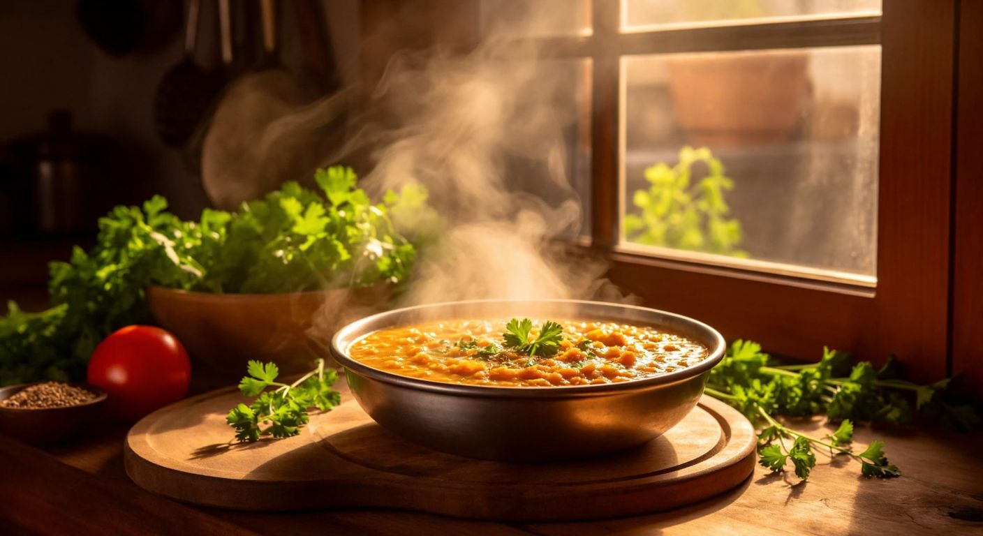 A steaming bowl of golden-brown lentil soup sits on a wooden table in a cozy Turkish kitchen, surrounded by fresh herbs and a warm glow from sunlight filtering through a window.
