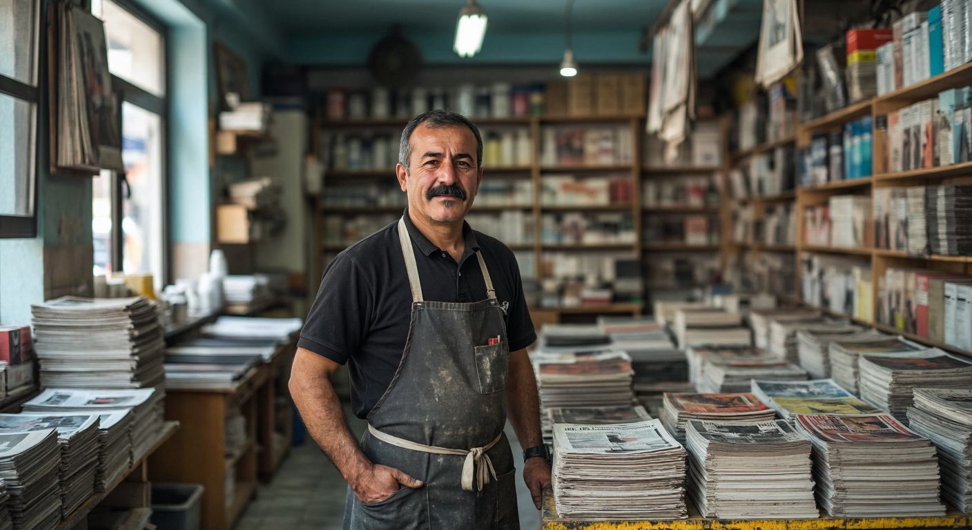 A middle-aged Turkish man with a mustache, wearing a printer's apron, stands proudly in a bustling print shop filled with stacks of colorful newspapers and the scent of fresh ink.
