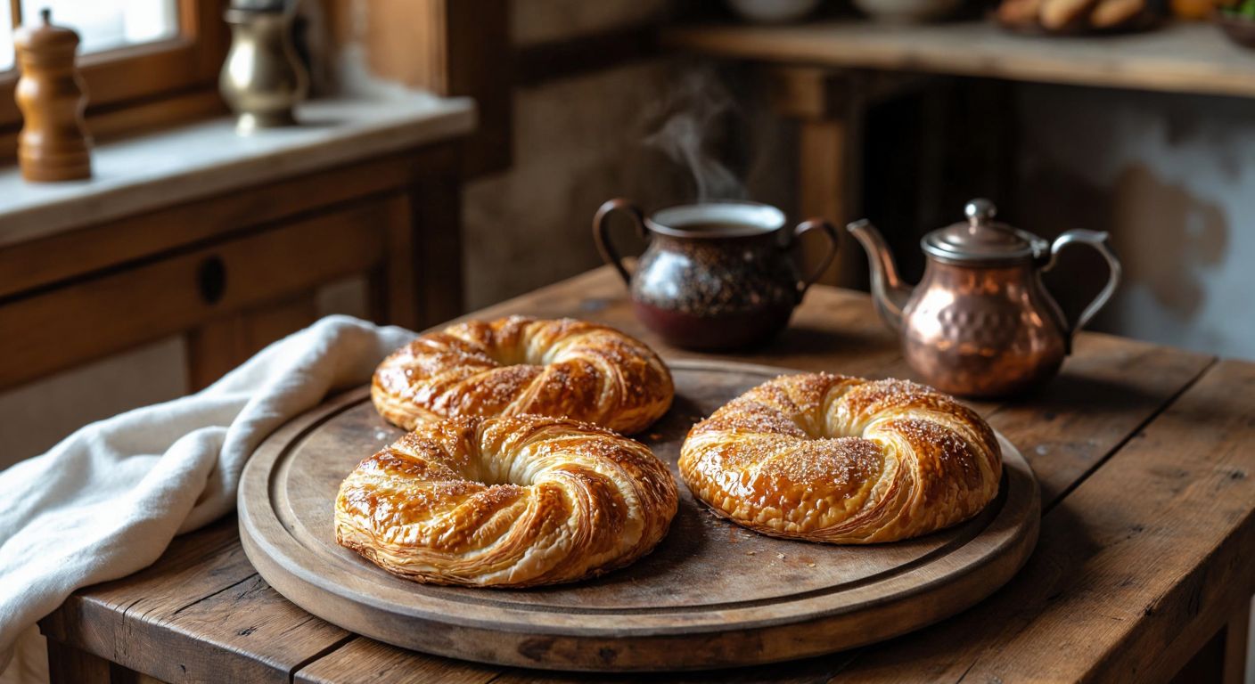 A rustic wooden table in a cozy Turkish kitchen displays two golden-brown pastries side by side—one flaky and layered (açma) and the other slightly denser with a sugar-glazed top (kete), with a warm teapot steaming nearby.
