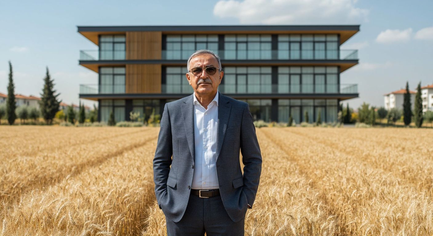 A distinguished elderly Turkish man in a tailored suit stands confidently in front of a modern office building in Tarsus, with the golden wheat fields of Çukurova stretching in the background.