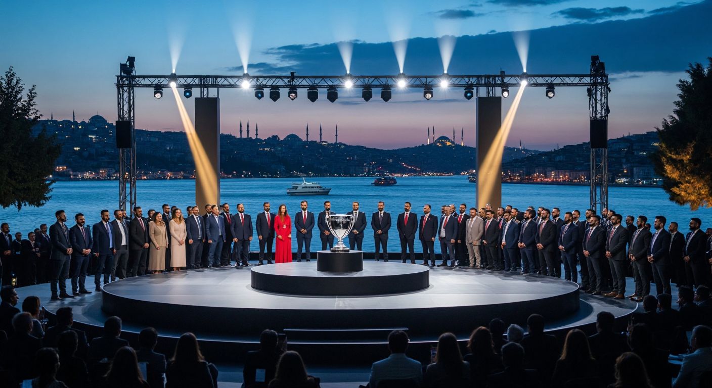 A grand stage in Istanbul with a sleek platinum trophy at the center, surrounded by well-dressed Turkish business leaders from various industries, smiling proudly as spotlights illuminate them against a backdrop of the Bosphorus at dusk.