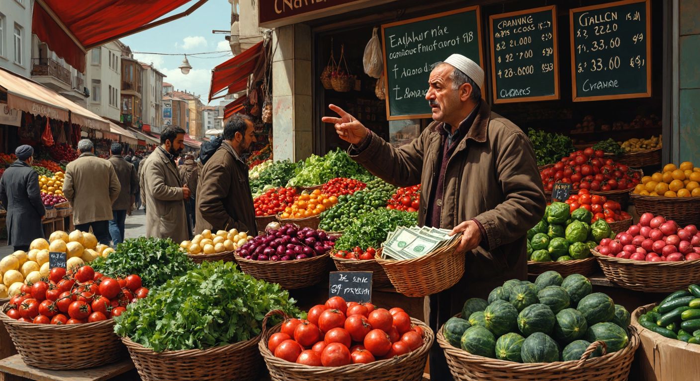 A Turkish market scene with overflowing baskets of fresh produce, a visibly distressed shopper clutching a handful of lira bills, and a merchant shaking their head while pointing to a chalkboard with rapidly changing prices (though no text is visible).  

*(Note: The chalkboard is implied to have prices, but no text is depicted—only the gesture and emotion are shown.)*