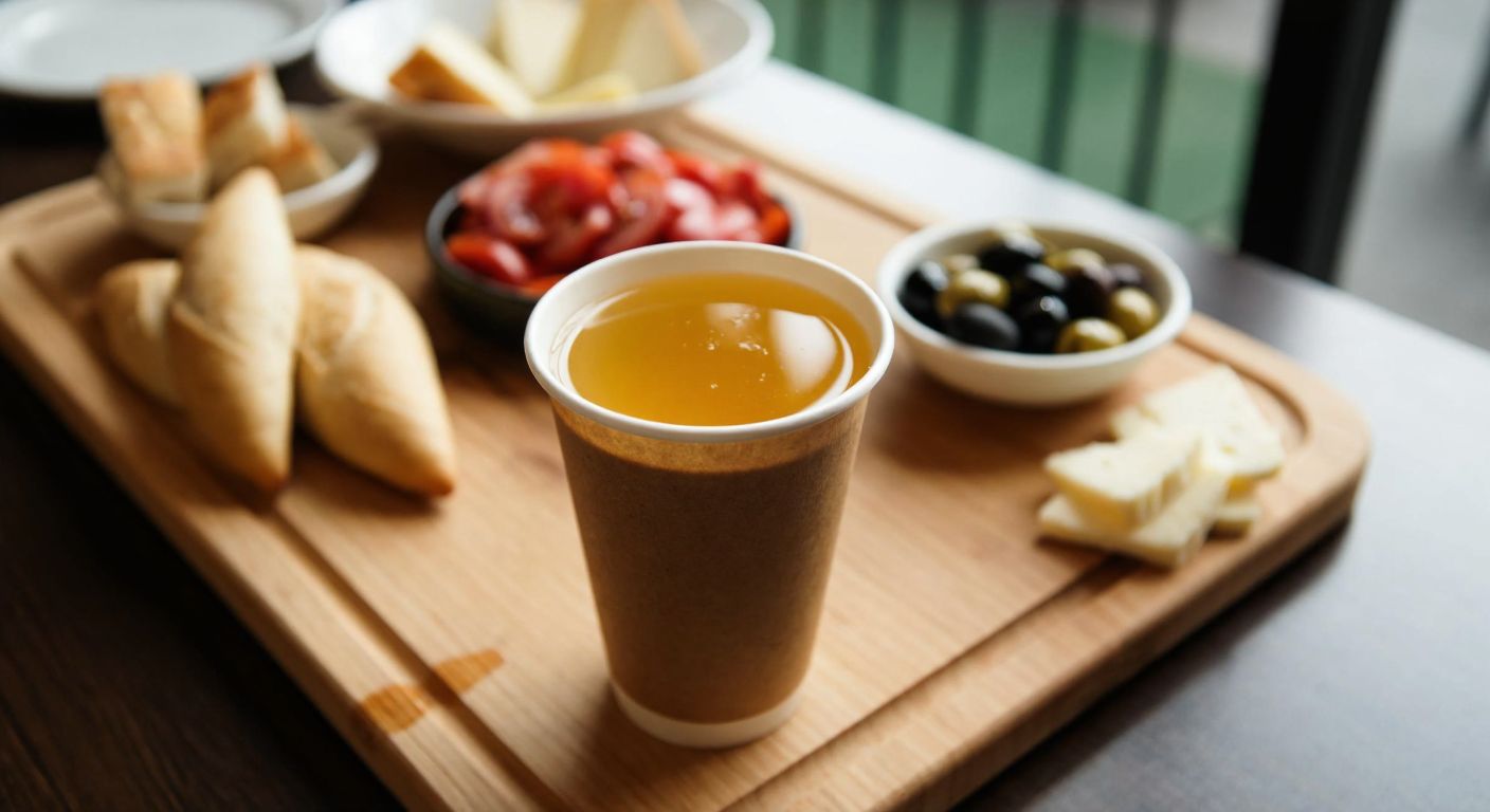 A small, cone-shaped paper cup filled with golden honey, placed on a rustic wooden breakfast table alongside fresh bread, olives, and cheese in a cozy Turkish café.