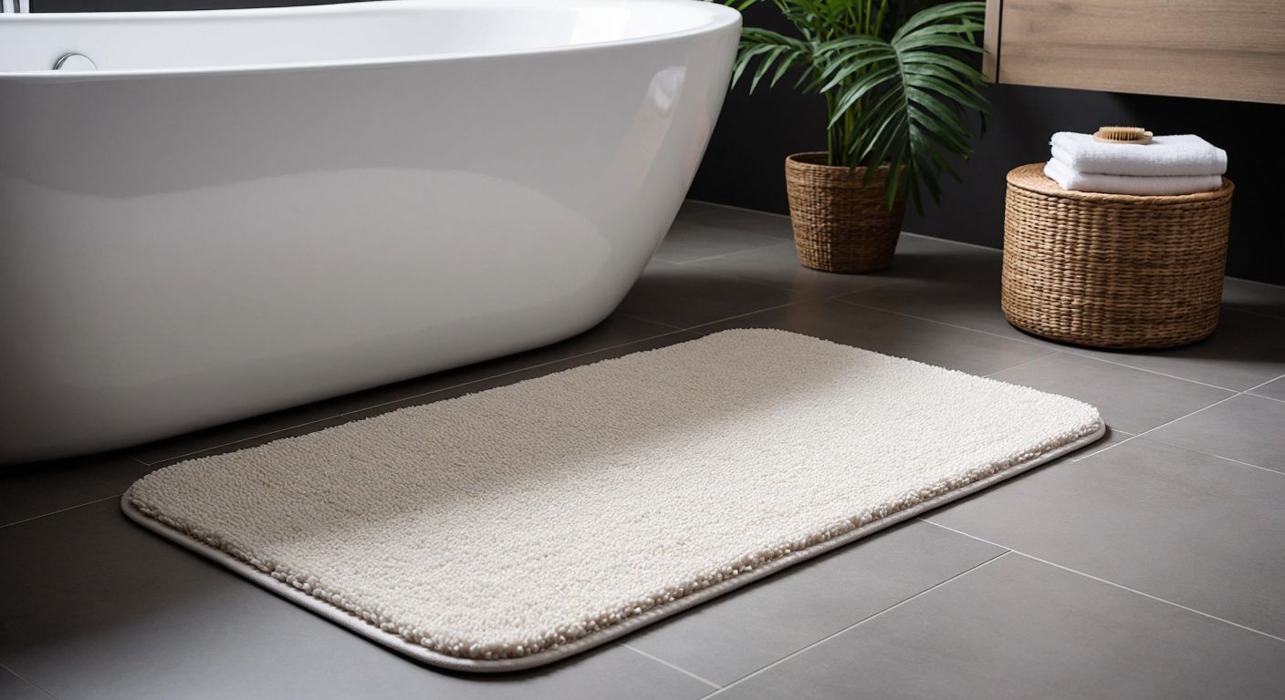 A soft, foot-shaped mat in a modern Turkish bathroom, with a textured surface absorbing water droplets, placed neatly on sleek tiles near a bathtub, exuding cleanliness and practicality.