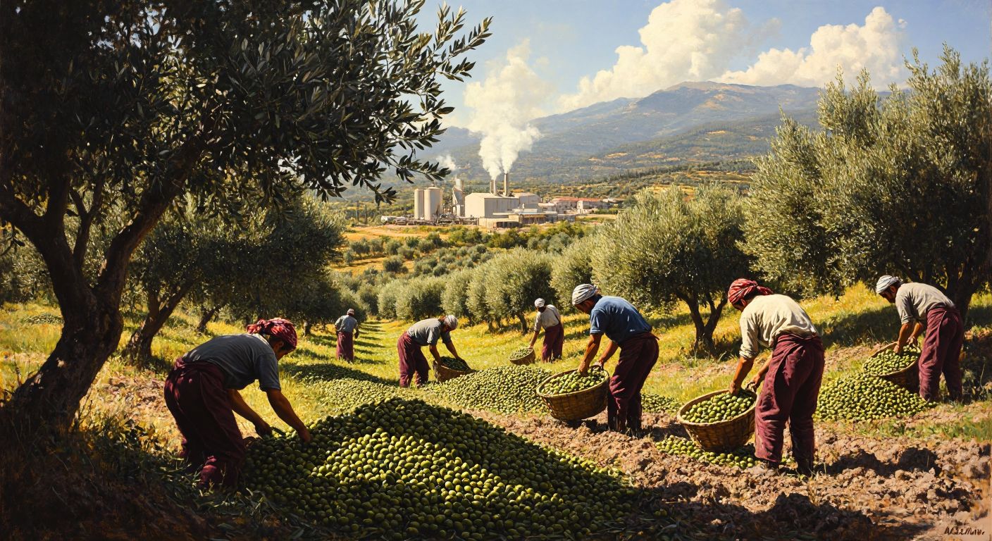 A sunlit olive grove in İzmir Selçuk with workers harvesting olives, their faces showing determination, while a factory in the background symbolizes production and controversy.