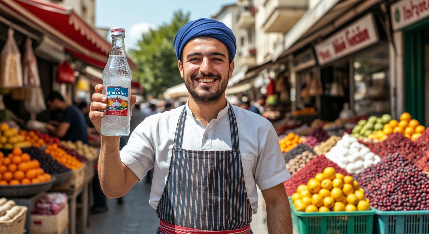 A smiling vendor in a traditional Turkish apron holds up a frosty glass bottle of Niğde Gazozu against a backdrop of a bustling local market, with colorful fruits and spices displayed nearby.