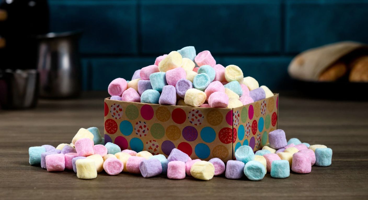 A colorful cardboard box overflowing with tiny, pastel-colored cotton candies, surrounded by a few scattered pieces on a wooden table in a Turkish kitchen.