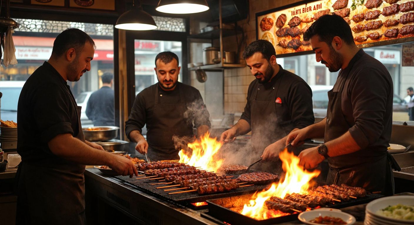 A bustling Turkish kebab restaurant with three men—one grilling skewered meat over glowing embers, another serving steaming plates of Adana kebab, and the third warmly greeting guests—each representing a different owner in their respective cities.