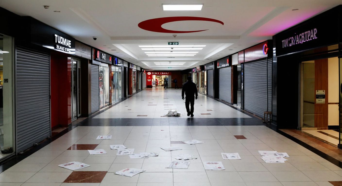 A dimly lit, empty shopping mall in Ankara with shuttered storefronts, scattered papers on the floor, and a lone security guard walking past a faded Turkish Red Crescent logo on the wall.