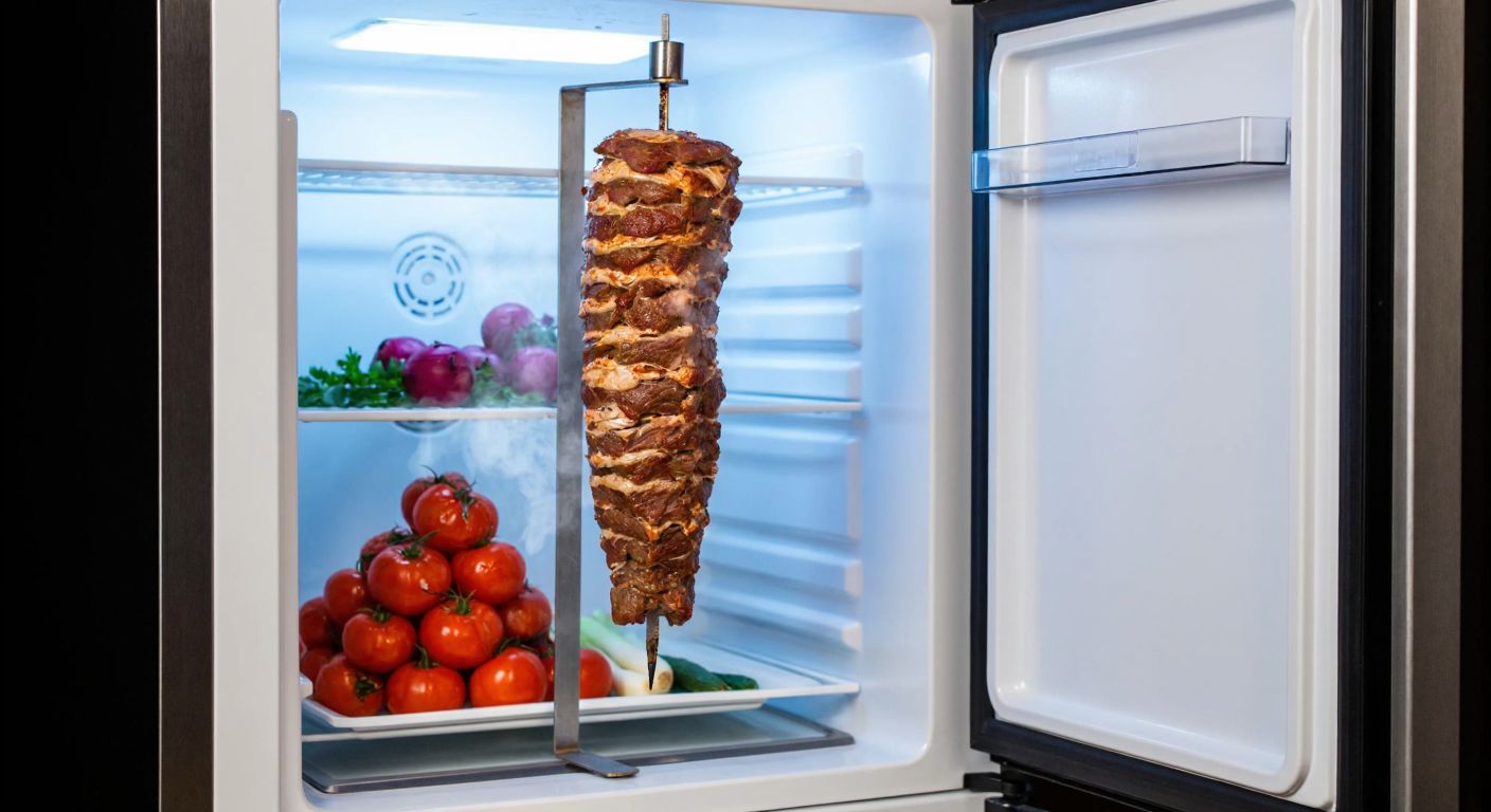 A juicy, freshly sliced döner kebab on a warm metal skewer sits beside a modern refrigerator, with steam rising from the meat contrasting the cool interior of the fridge.