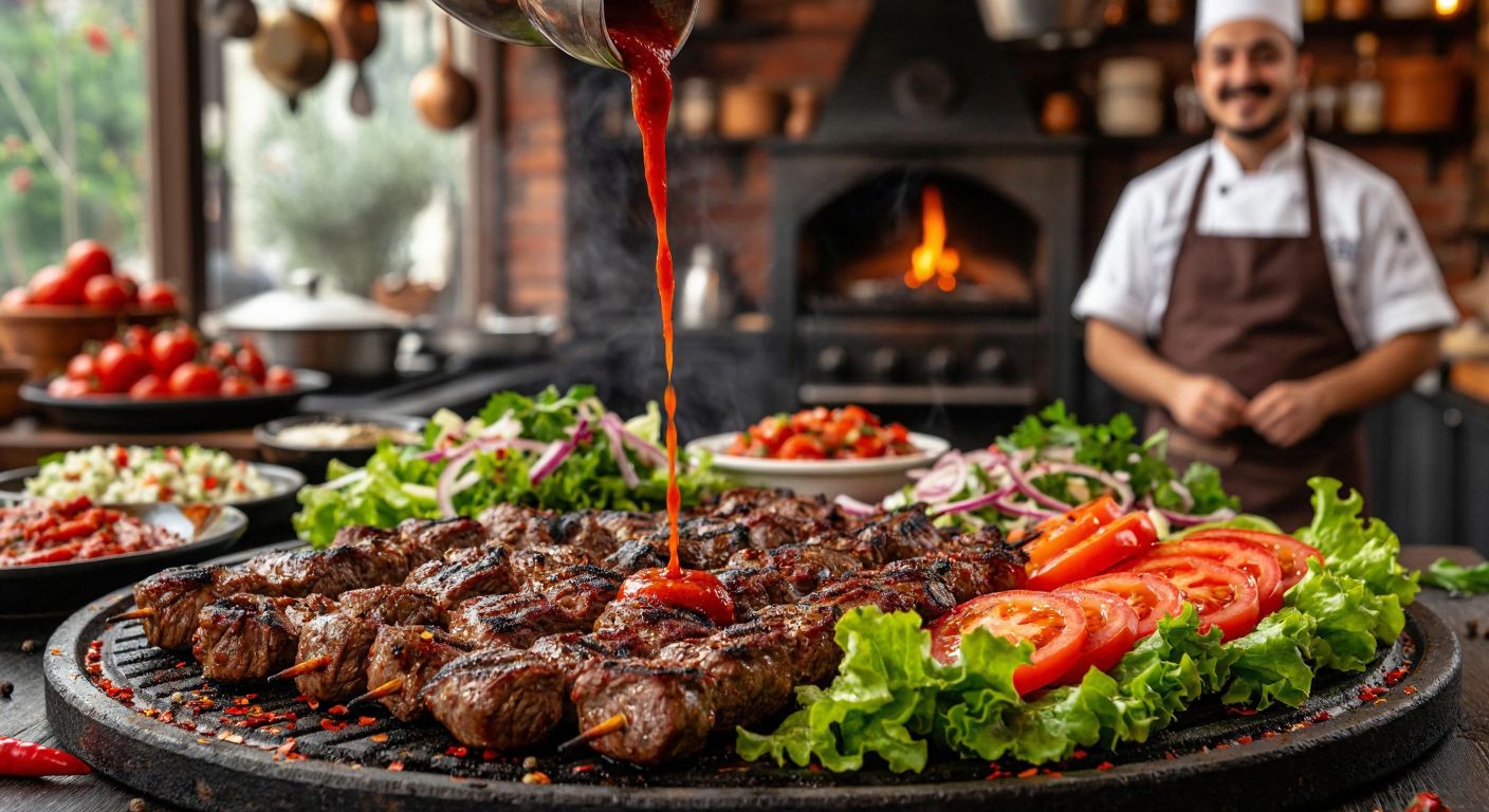 A vibrant red chili sauce drizzled over sizzling grilled meat and fresh salad, with a backdrop of a traditional Turkish kitchen and a smiling chef in an apron.