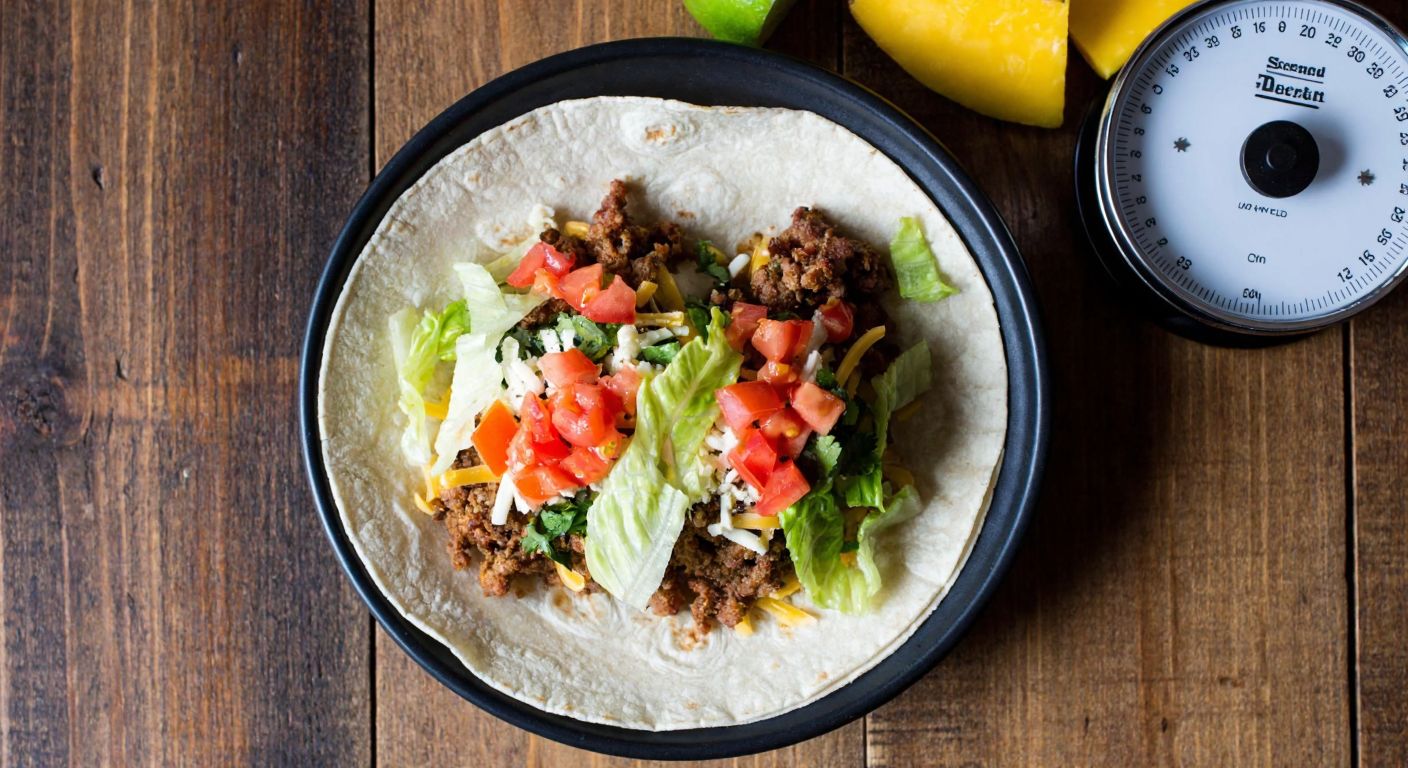 A vibrant, freshly prepared taco with seasoned meat, shredded lettuce, diced tomatoes, and melted cheese on a warm corn tortilla, placed on a rustic wooden table with a small kitchen scale beside it.