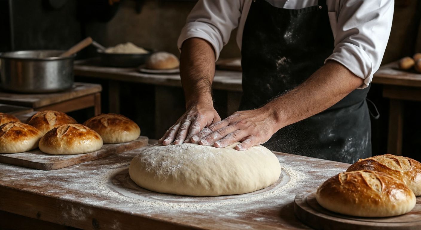 A Turkish cook kneading soft dough on a flour-dusted wooden table, with golden-brown tombik bread loaves resting nearby, ready to be filled with döner.