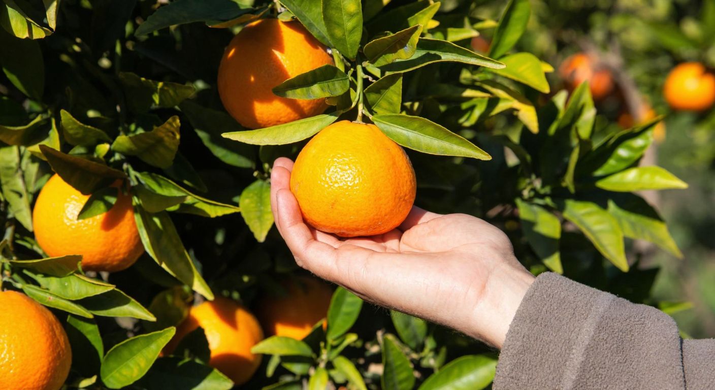A sunlit mandarin orchard in Turkey, with a farmer in traditional clothing gently holding a ripe, orange mandarin, its skin vibrant and glossy, surrounded by lush green leaves and other fruits transitioning from green to orange.