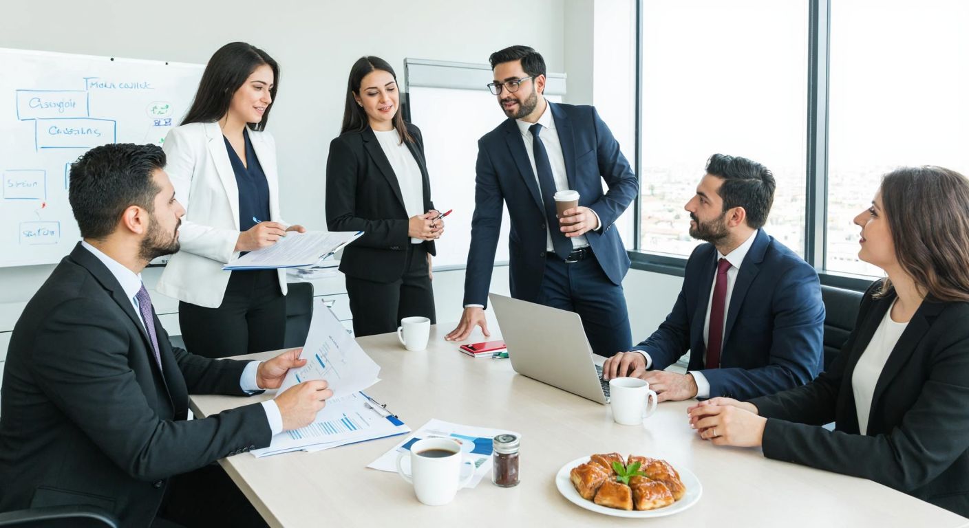 A group of Turkish business professionals in a modern office, reviewing documents and discussing logistics, with a whiteboard displaying a flowchart of steps, surrounded by coffee cups and a plate of baklava.