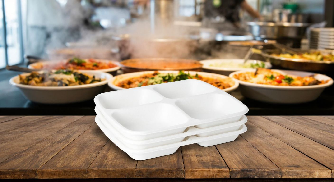 A stack of white foam compartment plates with five sections, placed on a rustic wooden table in a bustling Turkish cafeteria, with steam rising from freshly served dishes in the background.