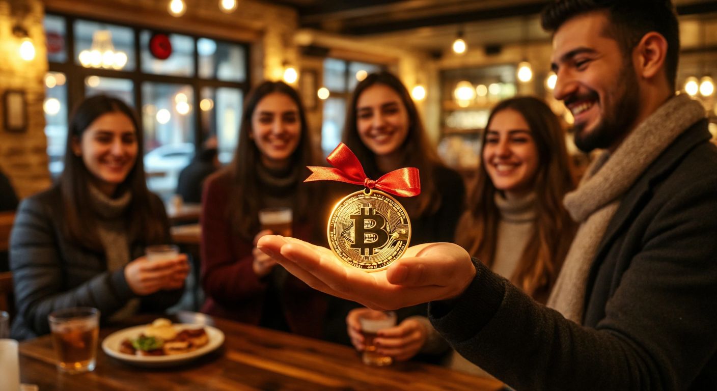 A glowing digital coin with a gift ribbon wrapped around it, floating above an open palm in a warmly lit Turkish café, surrounded by smiling people exchanging small presents.