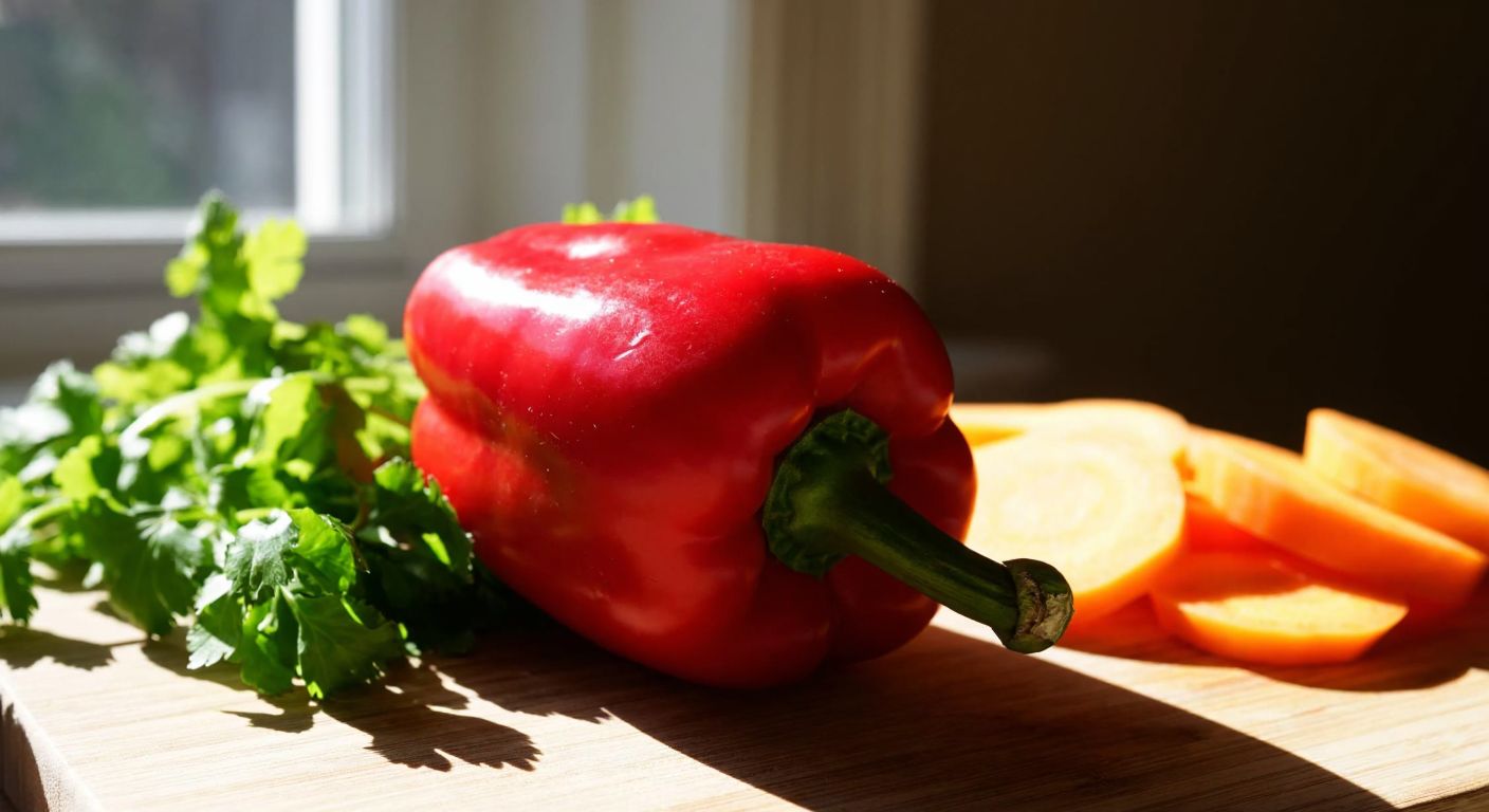 A vibrant red California pepper resting on a wooden cutting board, surrounded by fresh green herbs and sliced vegetables, with warm sunlight streaming through a farmhouse window.