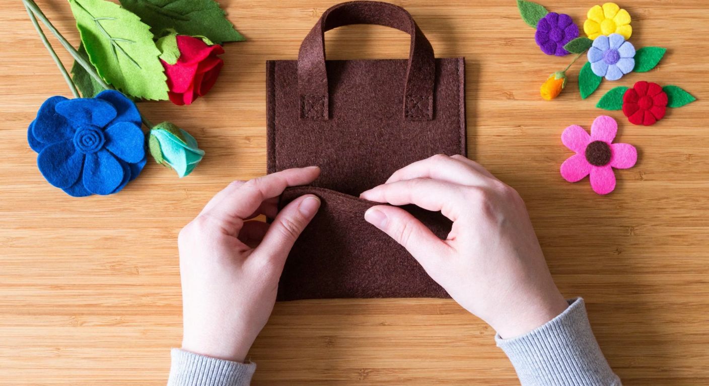 A pair of hands carefully stitching together pieces of thick brown felt to form a small school bag, with colorful felt flowers and beads scattered nearby on a wooden table.