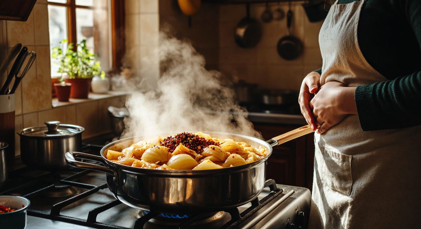 A steaming pot of cooked cabbage with aromatic spices sits on a stove in a Turkish kitchen, while a person nearby clutches their stomach with mild discomfort.