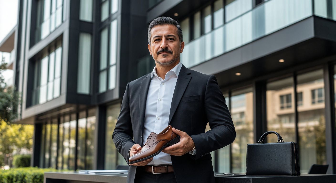A confident middle-aged Turkish man in a sharp suit stands proudly in front of a modern office building, holding a leather shoe from his retail brand while a sleek real estate portfolio rests on a nearby desk.