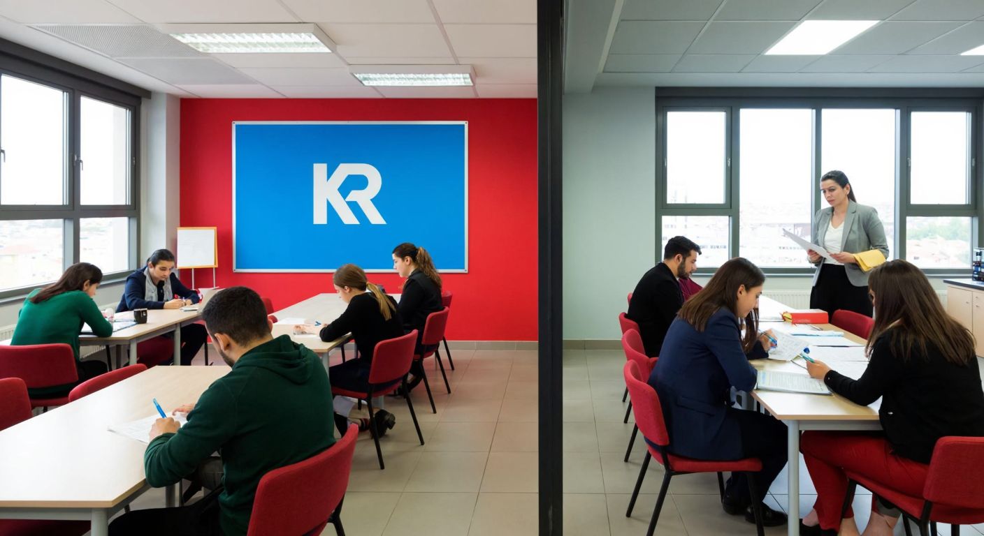 A split image showing a modern Turkish classroom on one side with students studying, and a professional office on the other with HR specialists reviewing documents, both under a shared "KR" logo.