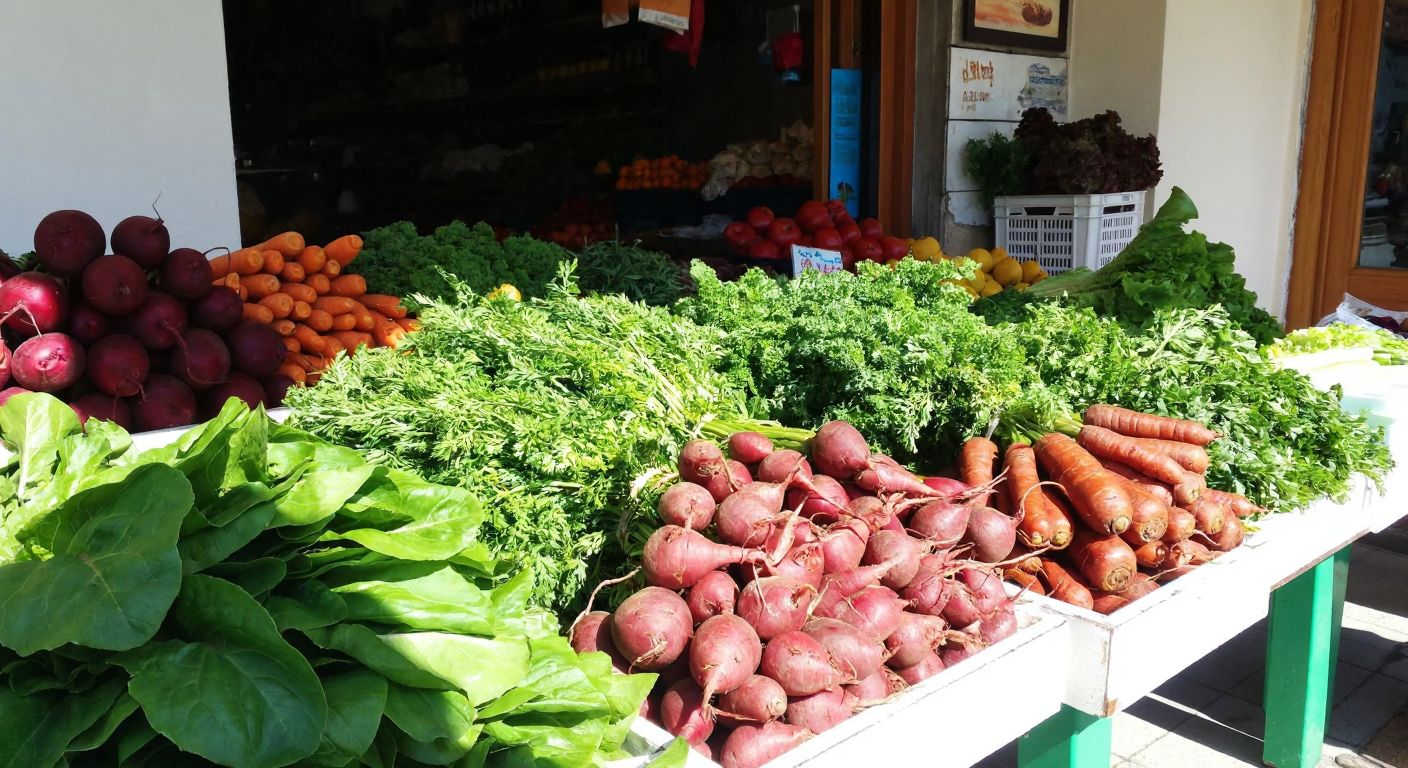 A vibrant Turkish market stall overflowing with fresh leafy greens like spinach and lettuce, root vegetables like beets and carrots, and processed meats like pastırma, all bathed in warm sunlight.