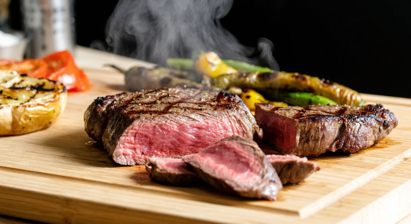 A sizzling steak sliced open on a wooden cutting board, showing a vibrant pink center for medium rare and a slightly browned pink center for medium, with steam rising and a Turkish-style grilled vegetable side.