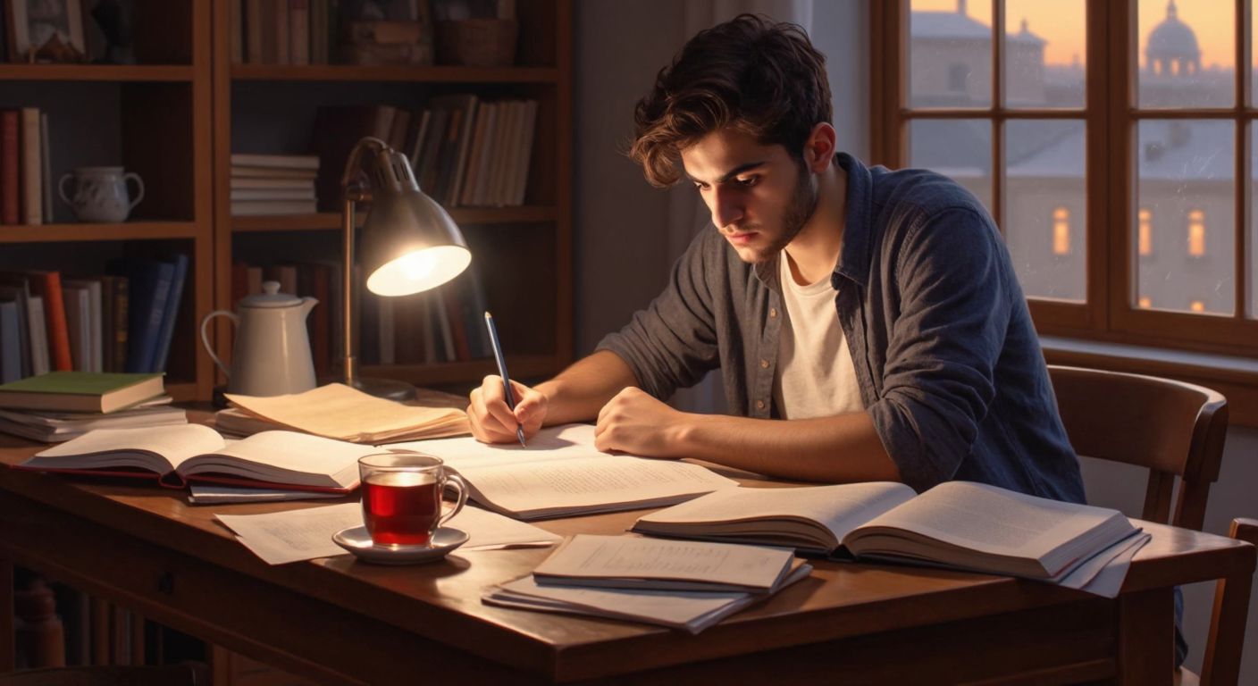 A focused Turkish student sits at a wooden desk with scattered papers and a notebook, intently studying under a warm lamp light, surrounded by open textbooks and a steaming cup of çay.