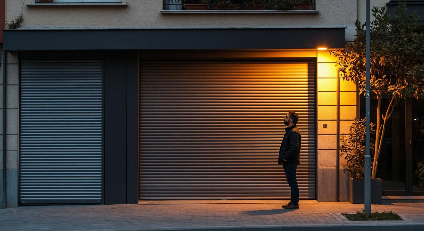 A sturdy steel rolling shutter door stands beside a sleek sectional garage door, with a Turkish shop owner thoughtfully comparing their features under the warm glow of a streetlamp.
