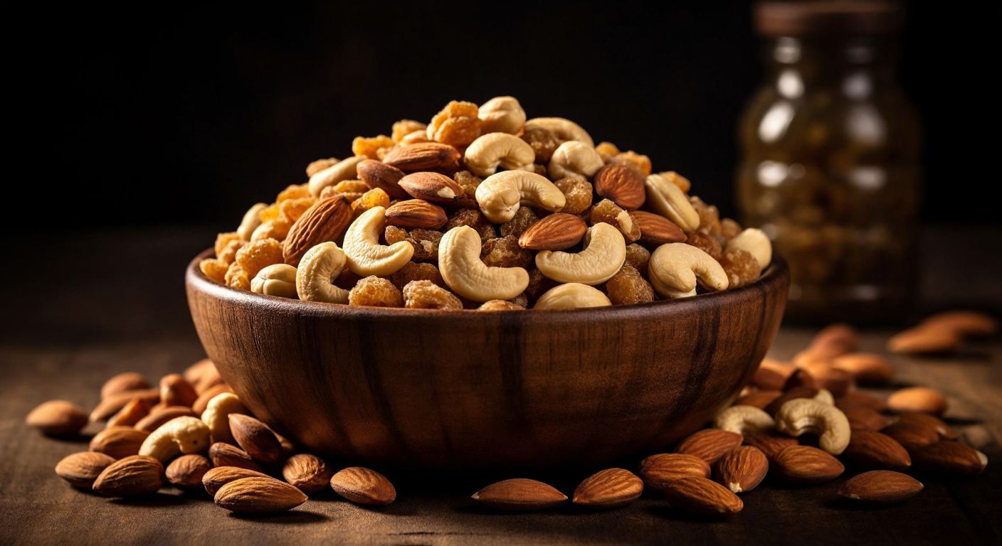 A rustic wooden bowl filled with golden honey-drizzled nuts—pumpkin seeds, cashews, almonds, hazelnuts, and walnuts—glistening under warm light, evoking the rich flavors of Turkish ballı çerez.