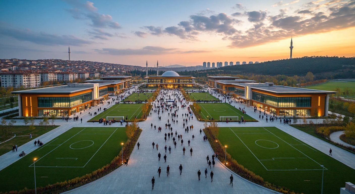 A sprawling modern campus in Istanbul with multiple classroom buildings, students walking between facilities, a large library, sports fields bustling with activity, and a grand conference hall filled with attendees.