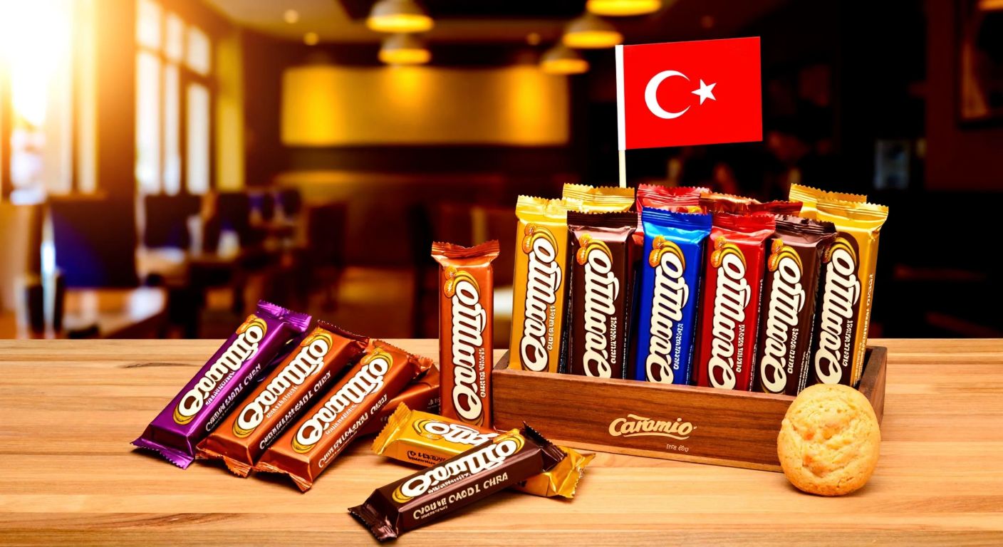 A colorful display of Caramio chocolate bars arranged on a wooden table in a Turkish café, with a warm golden light highlighting the wrappers and a small Turkish flag in the background.