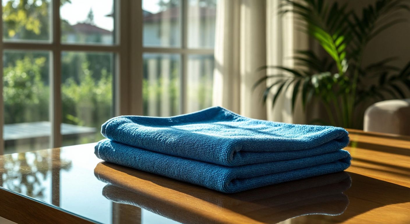 A neatly folded blue microfiber cloth rests on a wooden table beside a polished glass surface, reflecting sunlight through a Turkish home's window.