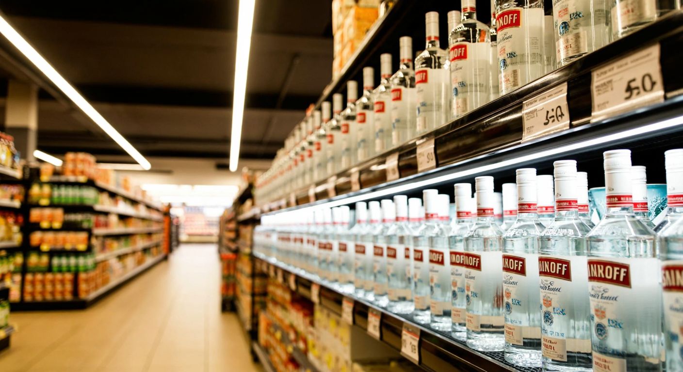 A well-lit supermarket aisle in Turkey with neatly stacked bottles of Smirnoff vodka on a shelf, surrounded by other spirits, under bright fluorescent lights.