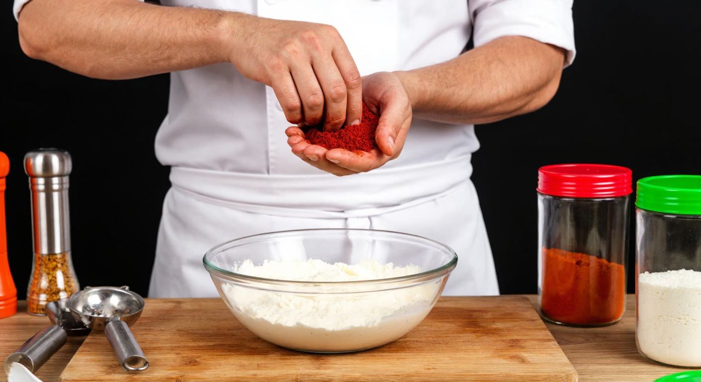 A Turkish chef in a white apron carefully sprinkling vibrant red powder into a bowl of white dough, with colorful spice jars and mixing tools on a wooden countertop.