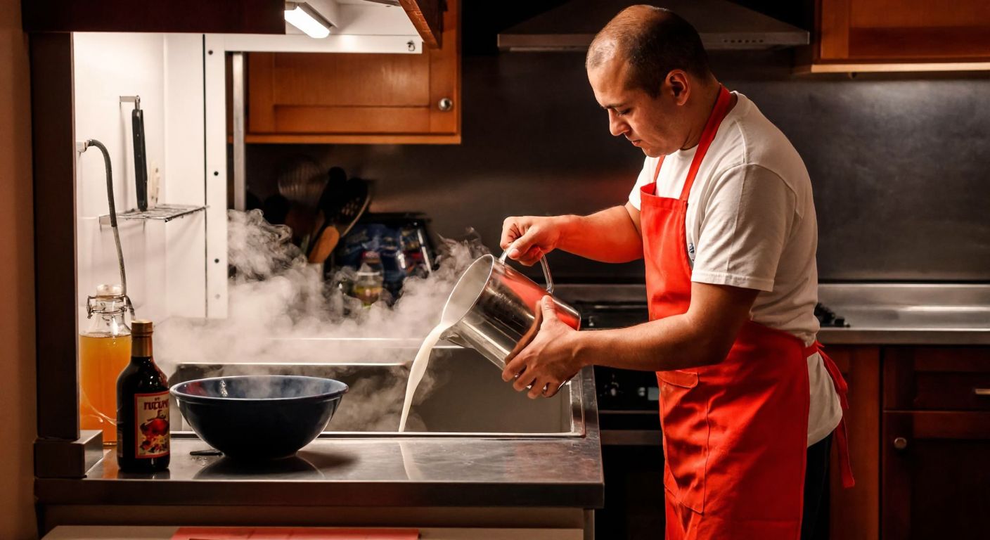 A person in a Turkish kitchen wearing an apron carefully pours hot water into a freezer with frost-covered rubber seals, while a steaming bowl and a bottle of vinegar sit nearby on a counter.