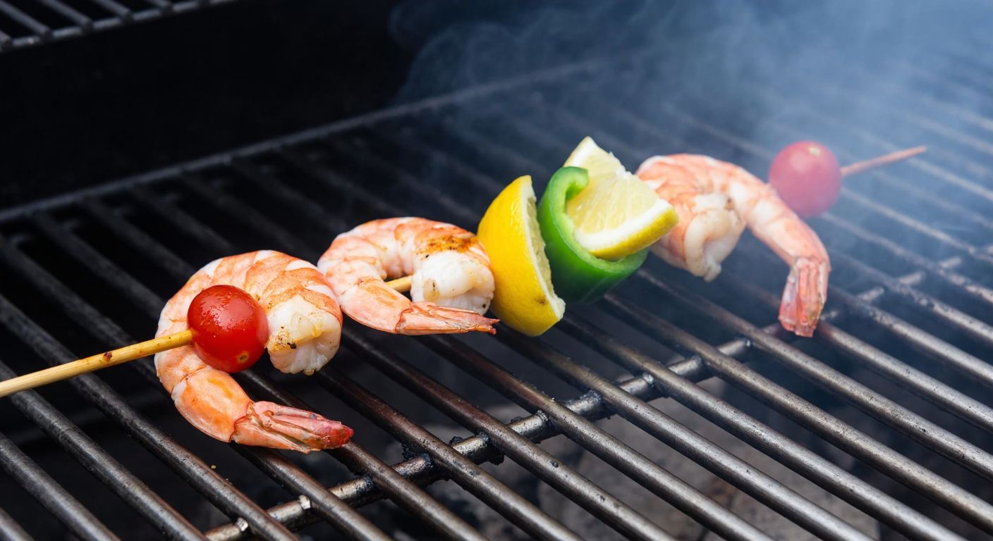 A skewer threaded with a plump shrimp, a slice of lemon, a cherry tomato, and a green pepper, resting on a charcoal grill with a hint of smoke rising.