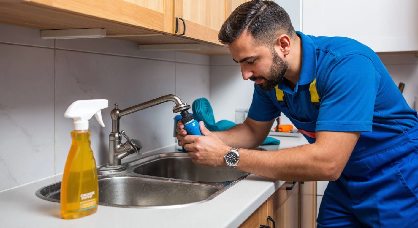 A Turkish plumber in a blue uniform carefully tightening a pipe connection under a kitchen sink, while a fresh citrus-scented spray bottle sits nearby on a clean, tiled countertop.