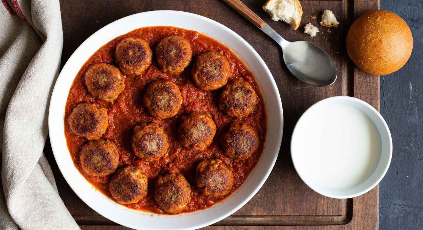 A warm, golden-brown plate of Turkish *anne köftesi* (meatballs) sits on a rustic wooden table, with crumbled stale bread and a bowl of milk nearby, evoking a cozy home kitchen.