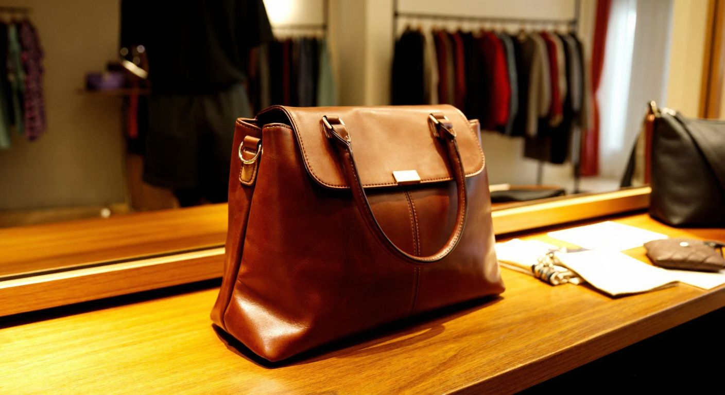 A stylish leather handbag displayed on a wooden table in a cozy Ankara boutique, with warm lighting reflecting off its polished surface.