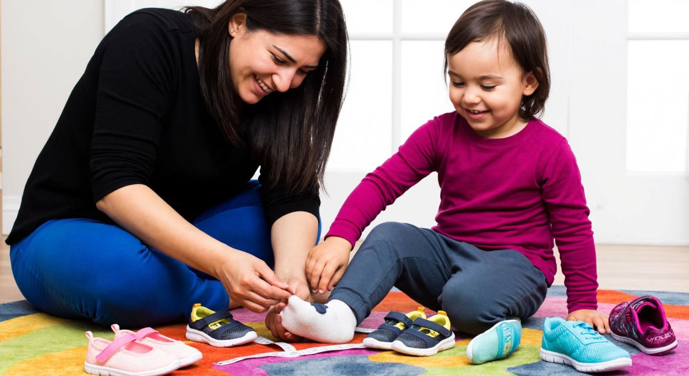 A smiling Turkish mother measuring her toddler’s foot with a soft tape on a colorful rug, surrounded by small Skechers shoes in various sizes.