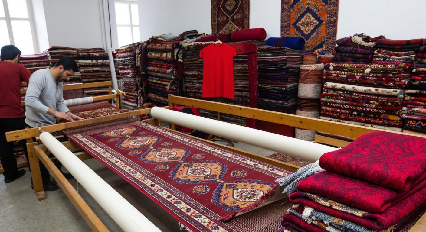 A vibrant Turkish carpet workshop with skilled artisans weaving intricate patterns on looms, surrounded by colorful wool skeins and finished rugs stacked neatly in the background.