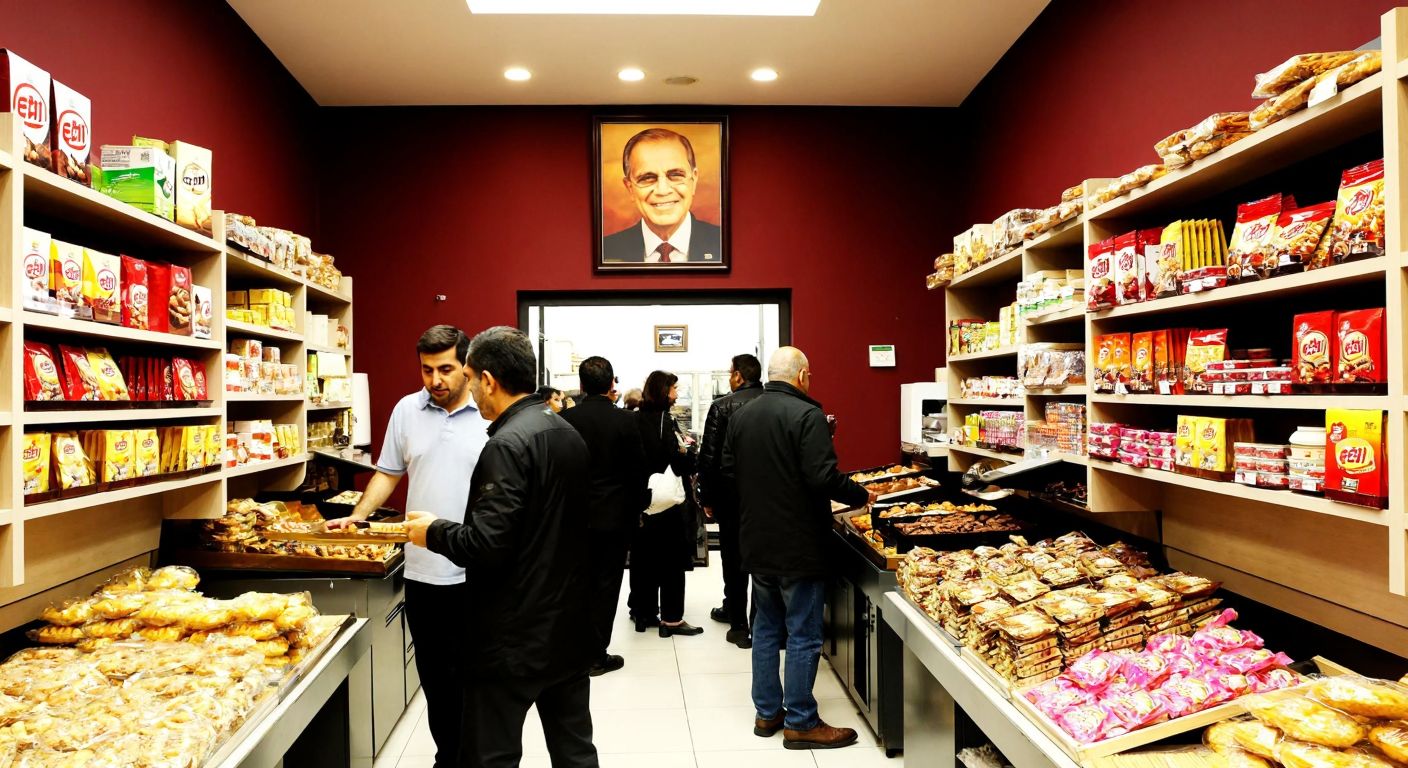 A bustling Eskişehir bakery with shelves lined with Eti-branded packaged snacks, a warm-toned portrait of Firuz Kanatlı on the wall, and a smiling Turkish family selecting products.