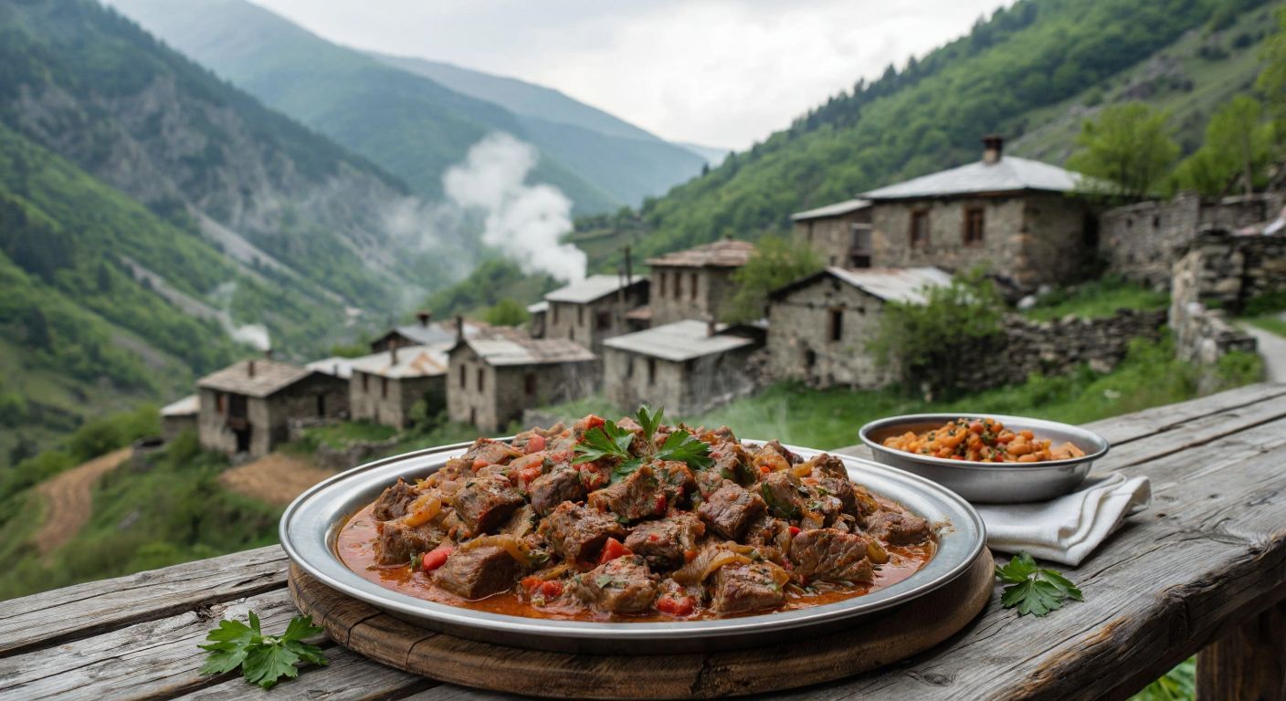 A steaming plate of **silor**, a savory meat dish from Artvin, served on a rustic wooden table with a backdrop of lush green mountains and traditional Turkish stone houses.