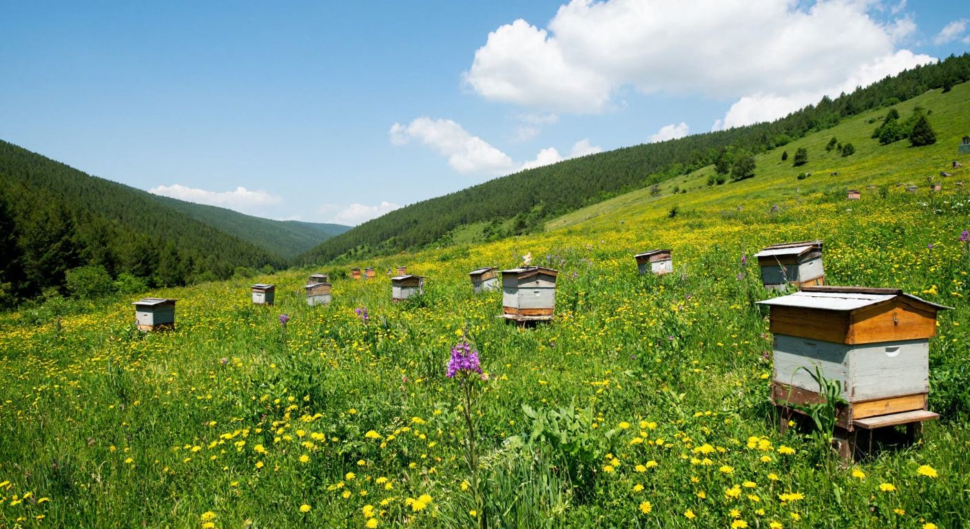 A lush green valley in Çamlıdere, Turkey, with vibrant wildflowers and buzzing bees around traditional wooden beehives, under a bright blue sky.