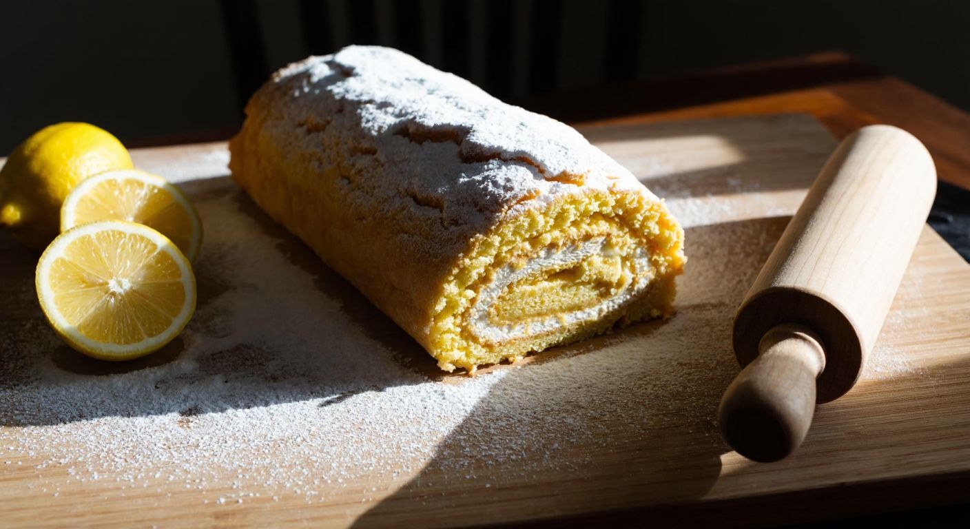 A sunlit Turkish kitchen with a golden-brown lemon roulade cake dusted with powdered sugar, fresh lemon slices beside it, and a wooden rolling pin resting on a flour-dusted counter.