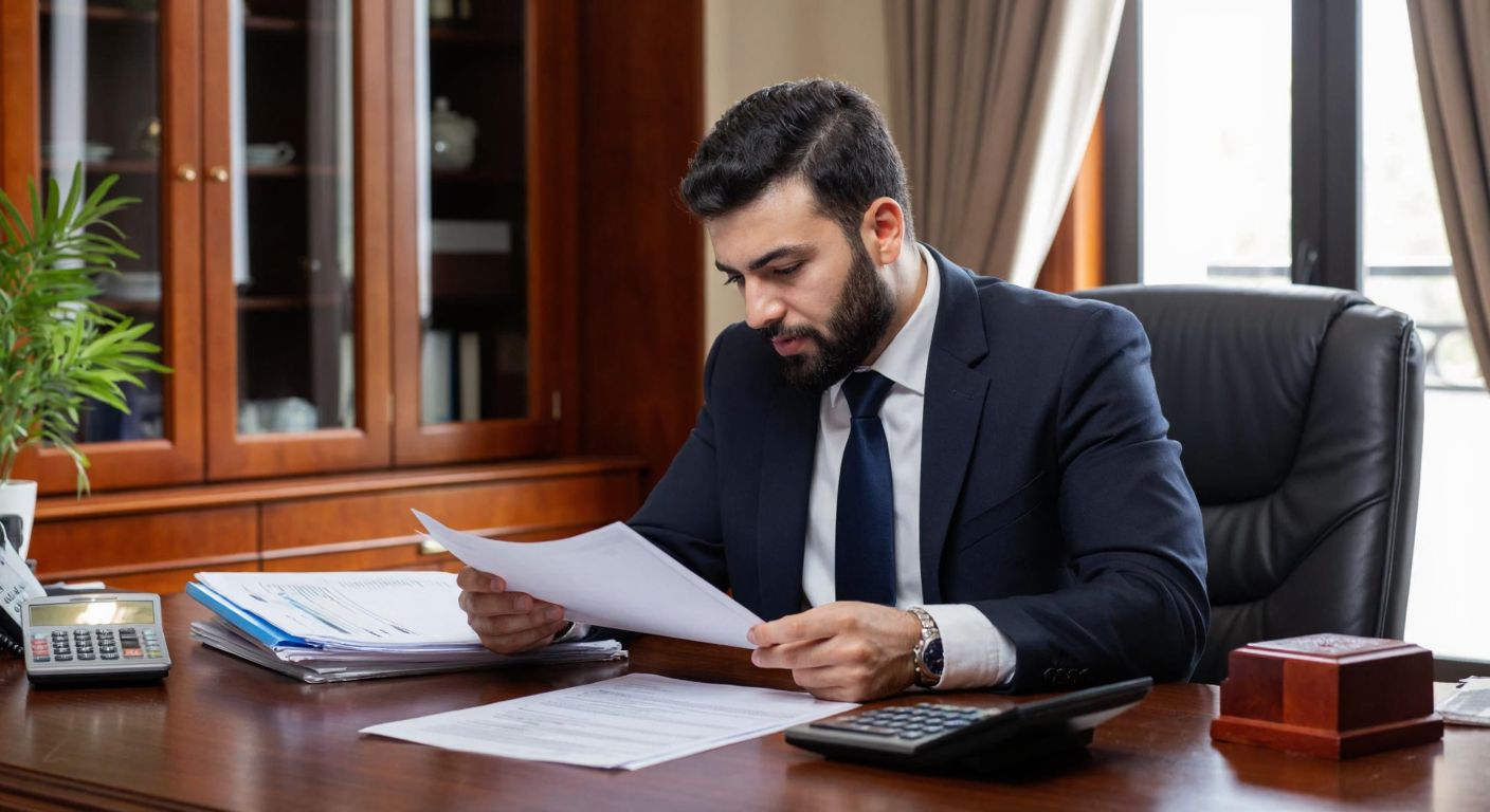 A Turkish accountant in a formal office setting shakes their head while reviewing documents, with a health insurance policy and a calculator on the desk, conveying a sense of clarification and professional advice.